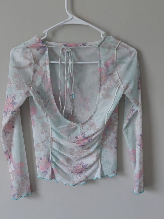 Intimately By Free People Tops - Sheer Pastel Floral Long-Sleeve Blouse with Tie Back